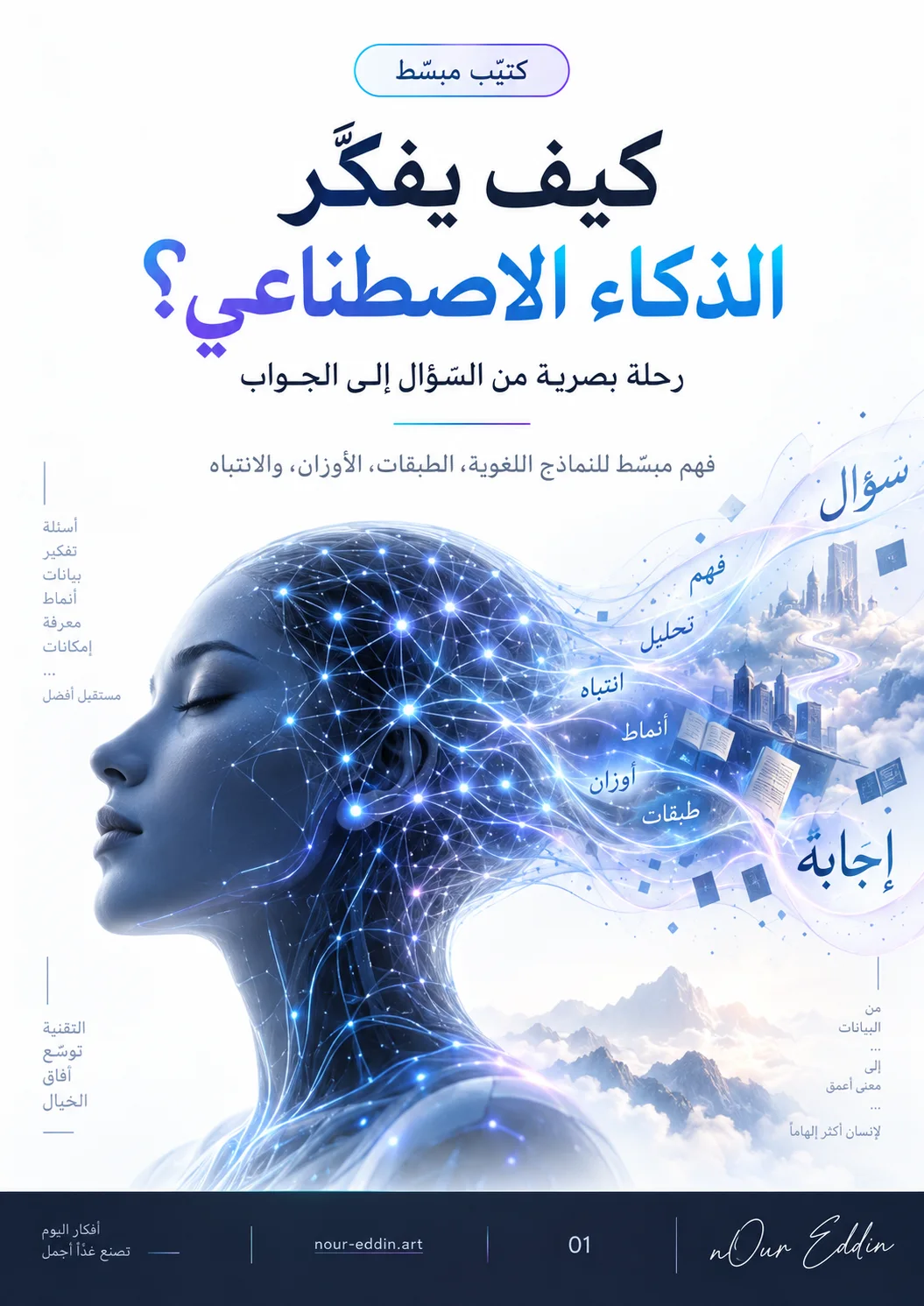 غلاف كتيّب «كيف يفكّر الذكاء الاصطناعي؟» للمؤلف نور الدين حمادة، رحلة بصرية مبسطة تشرح كيف يحوّل الذكاء الاصطناعي السؤال إلى توكنات ومتجهات وطبقات، ثم يبني الإجابة خطوة بخطوة