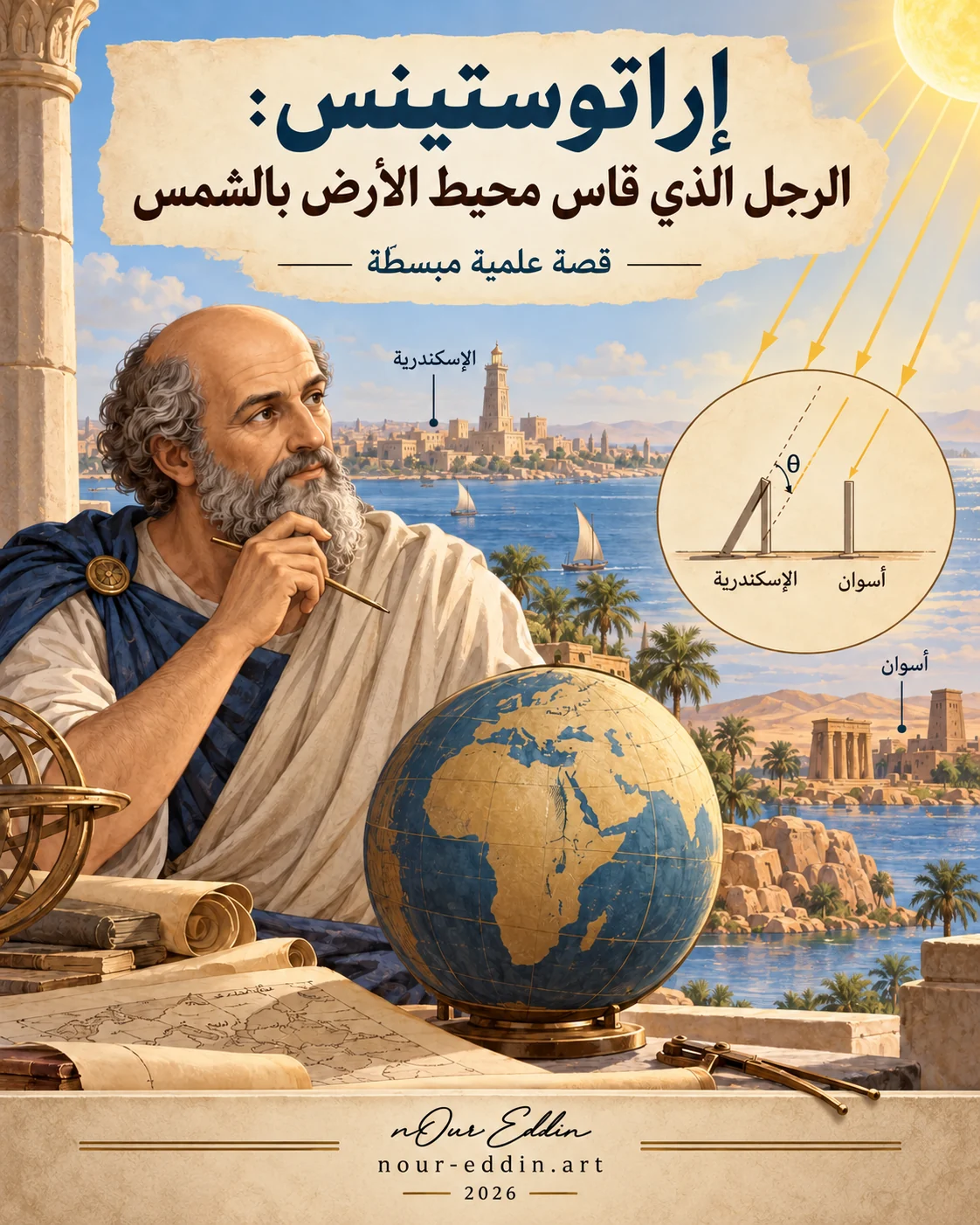 غلاف كتيّب «إراتوستينس: الرجل الذي عاش قبل 2200 عام» للمؤلف نور الدين حمادة، قصة إراتوستينس، الرجل الذي قاس محيط الأرض بالشمس قبل 2200 عام