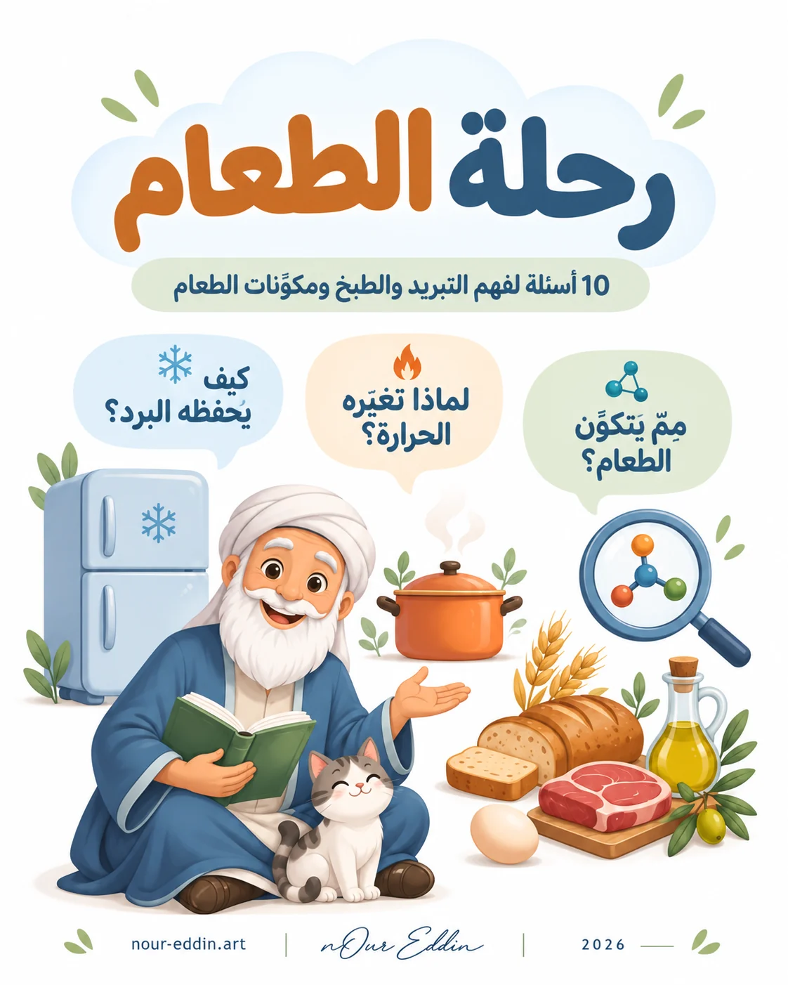 غلاف كتيّب «رحلة الطعام» للمؤلف نور الدين حمادة، رحلة مصوّرة مبسطة تجيب عن أسئلة التبريد والطبخ ومكوّنات الطعام
