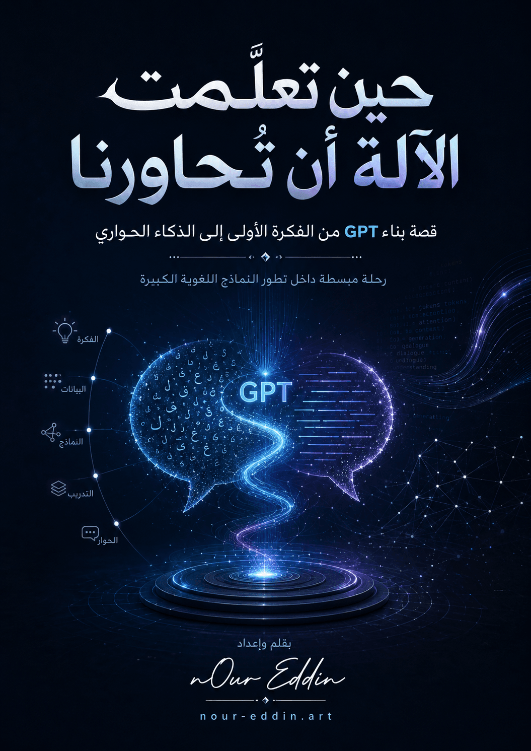 غلاف كتيّب «حين تعلّمت الآلة أن تحاورنا» للمؤلف نور الدين حمادة، قصة مبسطة توضّح كيف تطورت فكرة GPT إلى ذكاء حواري