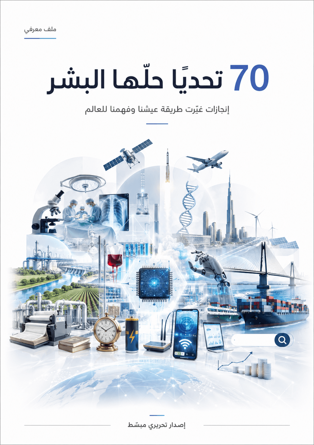 غلاف كتيّب «70 تحدياً حلّها البشر» للمؤلف نور الدين حمادة، قصص حلول بشرية ملهمة توسّع التفكير وتدفع للإبداع